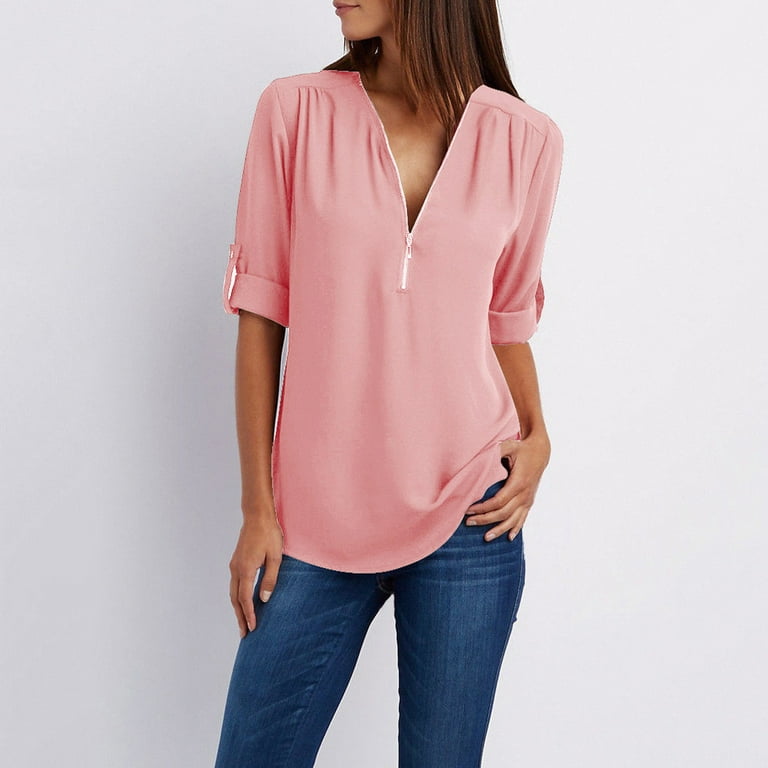 Zanvin Womens Fall Fashion Tops 2022 Clearance, Womens Summer Long Sleeve  Shirts Zip Casual Tunic V-Neck Rollable Blouse Tops Pink XXXXL, Gifts for  Women 