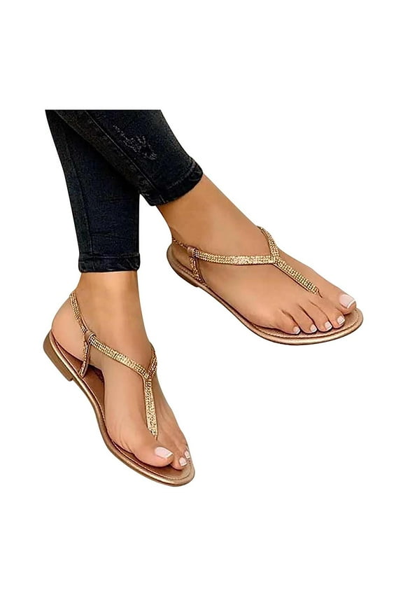 Rhinestone Sandals Women's Shoes Flat Beach Sandals And Slippers Women, Sandals for Women Dressy Summer, Gold, 39
