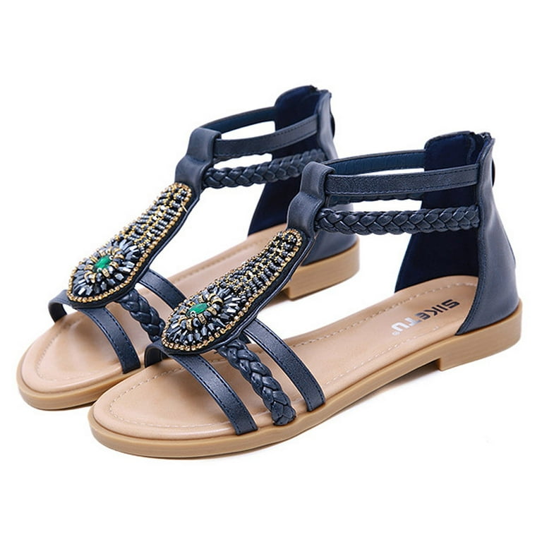 Zanvin Womens Sandals Clearance Sandals Women Beach Bohemian Vintage Beaded  Zip-Up Rhinestone Roman Flats Shoes, Blue, 41 