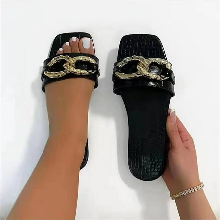 Zanvin Womens Sandals Clearance Sandals Women Casual Peep Toe Flat Heels  Shoes Metal Button Chain Summer Slippers, Black, 39 