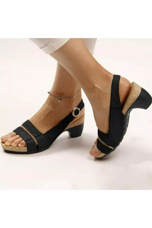 Summer Ladies Fish Mouth Shoes Medium Thick Heel Metal Buckle Sandals Women Dress Shoes, Brown, 41