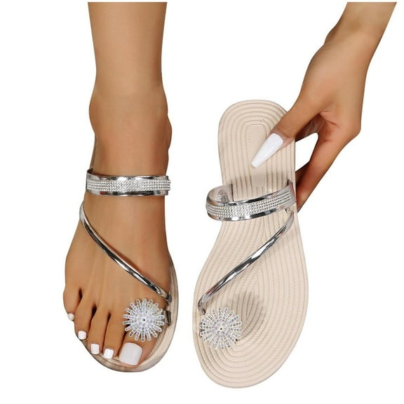 Zanvin Womens Sandals Clearance Women Summer Clip-Toe Shoes Rhinestone Flats Casual Beach Sandals, Sandals for Women Dressy Summer, Silver, 36