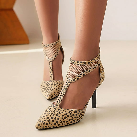 Zanvin Womens Sandals Clearance Women's Shoes Casual Back Zip Leopard Print Sandals Super High Heel Pointed Toe Hollow Out Stilettos, Brown, 41
