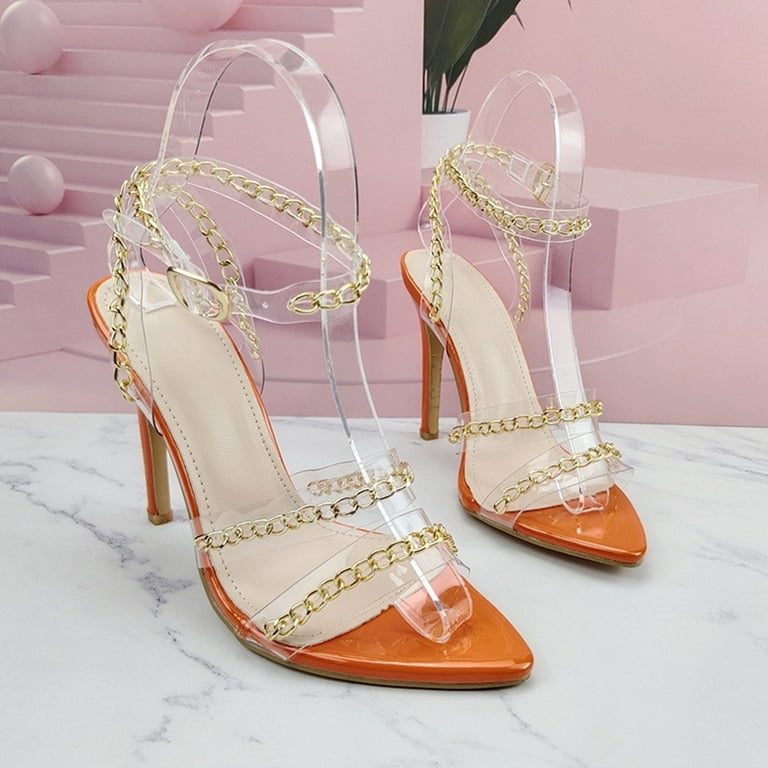 Zanvin Womens Sandals Clearance Women's Shoes Summer Transparent Laces  Chain Stilettos Heels Casual Sandals, Orange, 39