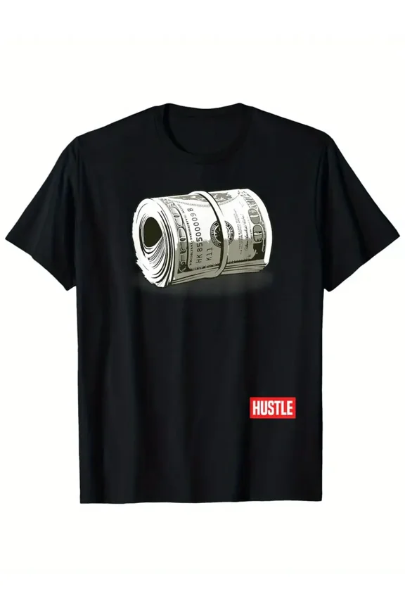 Zany Brainy Men's Hustle T-Shirt - Black with Bold $100 Bills Graphic, Retro Money Motivational Tee for Gym, Casual & Casual Attire - Machine Washable Regular Fit Shirt