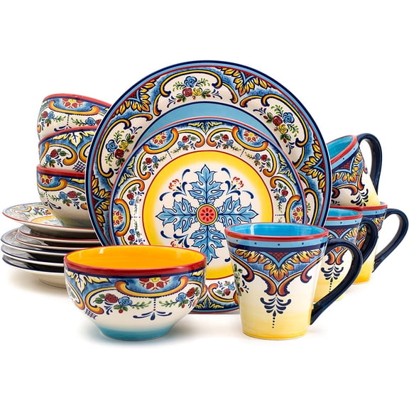 Zanzibar Collection 16 Piece Dinnerware Set, Service for 4, Spanish Floral Design, Multicolor, Blue and Yellow