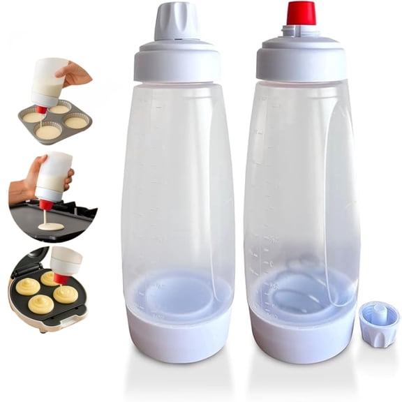 Zanzike 2pcs Pancake Batter Dispenser with Blender Ball Wire Whisk Batter Bottle Squeeze Kitchen Pancake Shaker Batter Dispenser Bottle Baking Tool