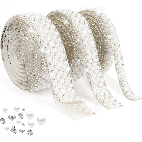 Zanzike 3 Rolls Pearl Rhinestone Ribbon Self Adhesive Tape for DIY Crafts Wedding