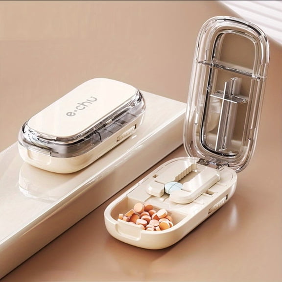 Zanzike Portable Pill Cutter with Adjustable Slots Multi Pill Splitter for Small & Large Tablets, Stainless Steel Blade, Clear Cut, Non-Slip Design, Easy to Use for Weekly Medication(Beige, 1/4)