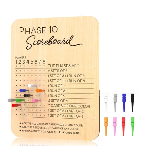 Zanzike Wooden Phase 10 Score Board with 8 Colored Pegs for Card Game