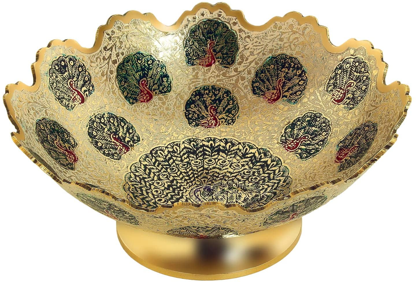 Ciotola In Ottone Intagliata A Mano Con Disegno Pavone E Fiori - Zap Impex - Ciotola Decorativa Per Frutta Secca, Utensile Tradizionale Indiano, Regalo Elegante