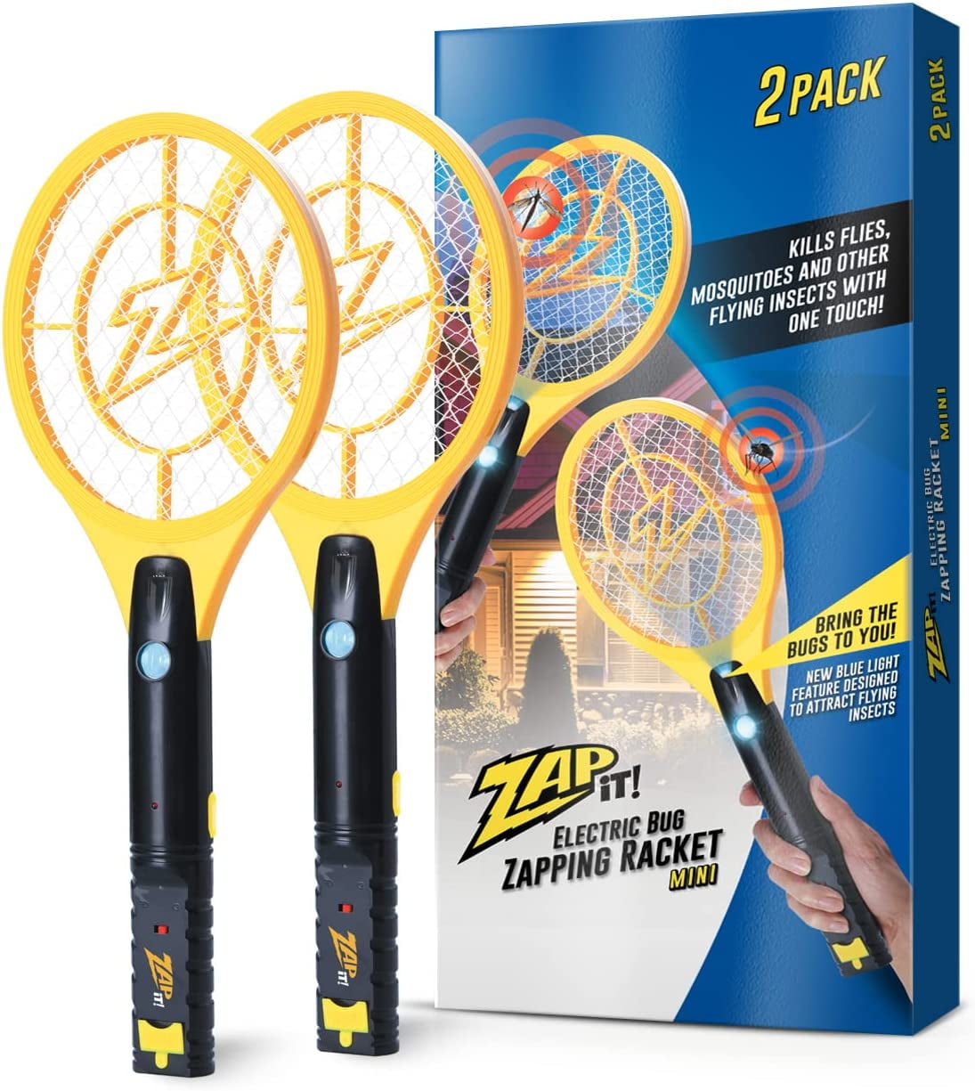 Zap It Electric Fly Swatter Racket, Rechargeable with Blue Light Attractant, 4,000 Volt, USB Charging Cable, 2 Pack (Mini, Yellow)