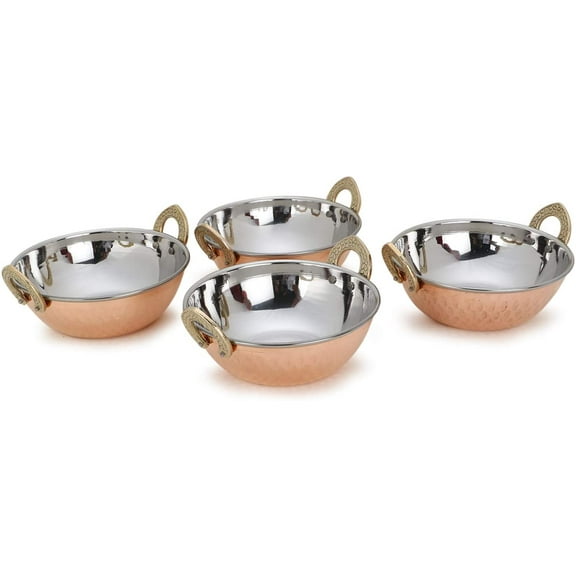 Zap impex Indian Serving Bowl Copper Stainless Steel Karahi Brown (13 cm) Set of 4