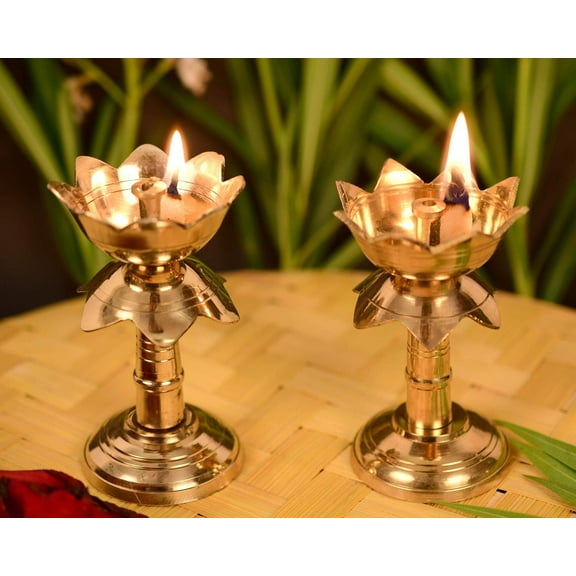 Zap impex Set of 2 Brass Diya for Puja Temple Decoration, Lotus Shape Pillar Diya Stand Oil Lamp