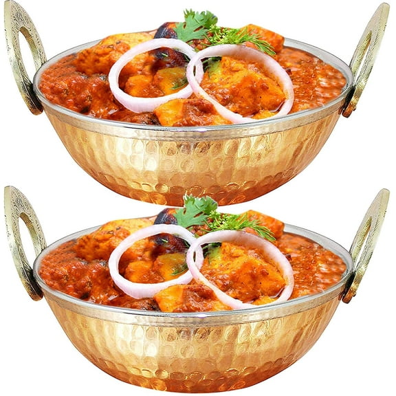 Zap impex Set of 2, Copper Stainless Steel Serve Ware Copper Bowls with Handle Serving Bowl Indian Dishes Karahi (15 cm)