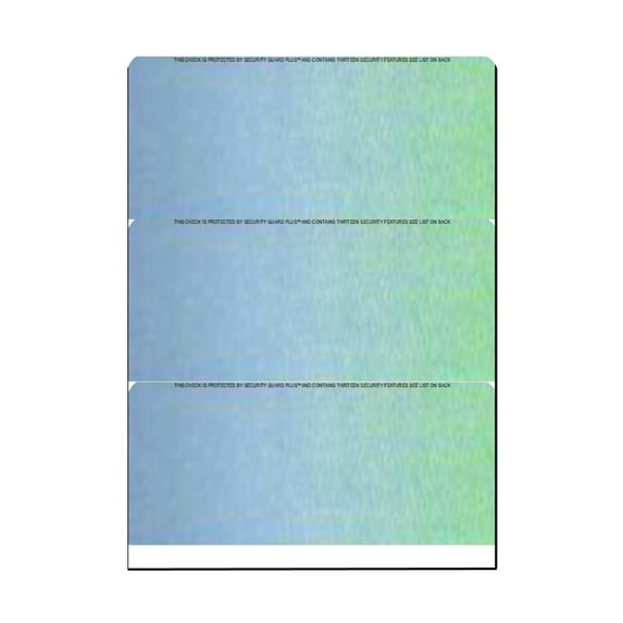 Zapco High-Security Check Paper, Blue-Green Gradient w Multiple Complex Background Pattern, 8-1/2" x 11", Microperfed with 3-Up Checks, 13 Security Features - PACK OF 100 SHEETS