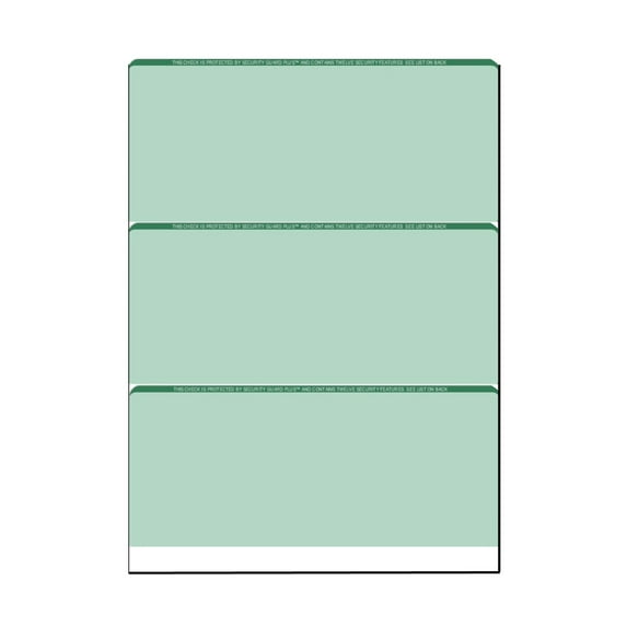 Zapco High-Security Check Paper, Green w Complex Background Pattern, 8-1/2" x 11", Microperfed with 3-Up Checks, 12 Security Features - PACK OF 250 SHEETS
