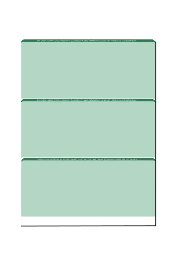 Zapco High-Security Check Paper, Green w Complex Background Pattern, 8-1/2" x 11", Microperfed with 3-Up Checks, 12 Security Features - PACK OF 100 SHEETS