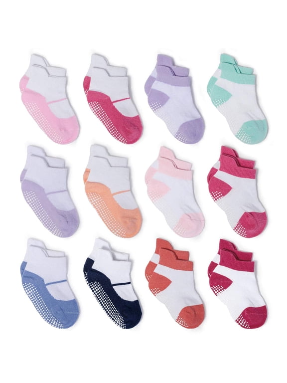 Baby Girls Non Slip Grip Ankle Socks with Anti Skid Soles for Infants Toddlers, Mary Janes, 6-12 Months