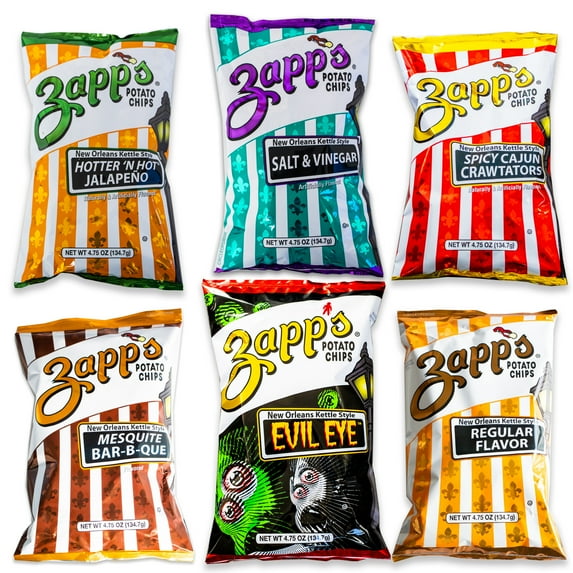 Zapp's Chips Variety Pack - Salt & Vinegar - Evil Eye - Regular - Spicy Cajun Crawtator - Mesquite BBQ - Hotter 'N Hot Jalapeno - 6 Bags Total