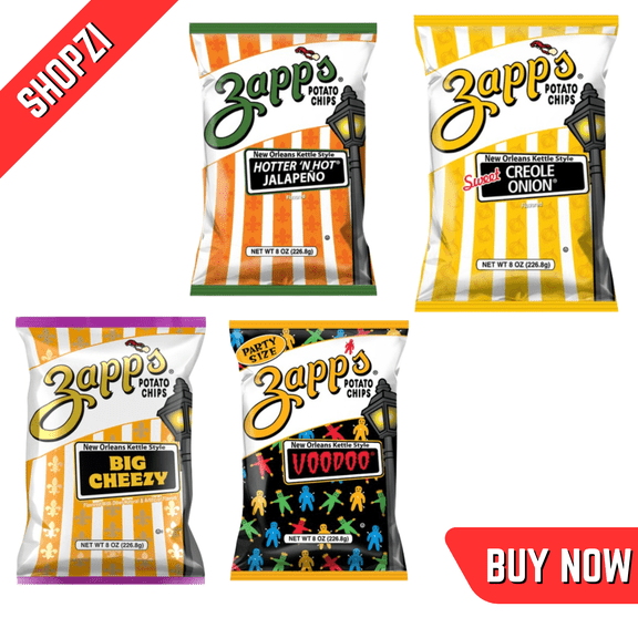 Zapps New Orleans Kettle Style Potato Chips Variety Pack, 16 Count (8 oz Bags, Creole Onion, Hotter N Hot Jalapeo, Voodoo, Big Cheezy), Crunchy Party Size Chips