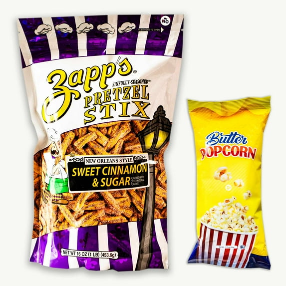 Zapp's Sweet Cinnamon and Sugar Pretzel Stix (16oz) - Butter Popcorn (1.15oz) - Gourmet Snack Bundle - 2 Items