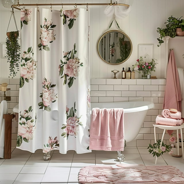 Zara Home Inspired Floral Peony Shower Curtain Set Elegant Bathroom ...