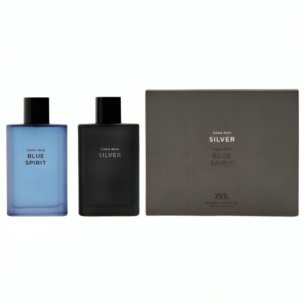 Zara Man Silver + Blue Spirit Cologne for Men Fragrance Set EDT Eau De Toilette 2x 90 ML (3.04 FL OZ)