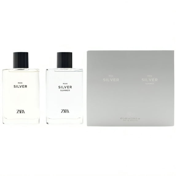 Zara Silver + Silver Summer Perfume for Men Cardamom Lavender Sandalwood Citrus Mint Amber & Patchouli Fresh & Elegant Duo Fragrance Set Eau de Toilette EDT 2x90ml (3.04 fl. oz.)