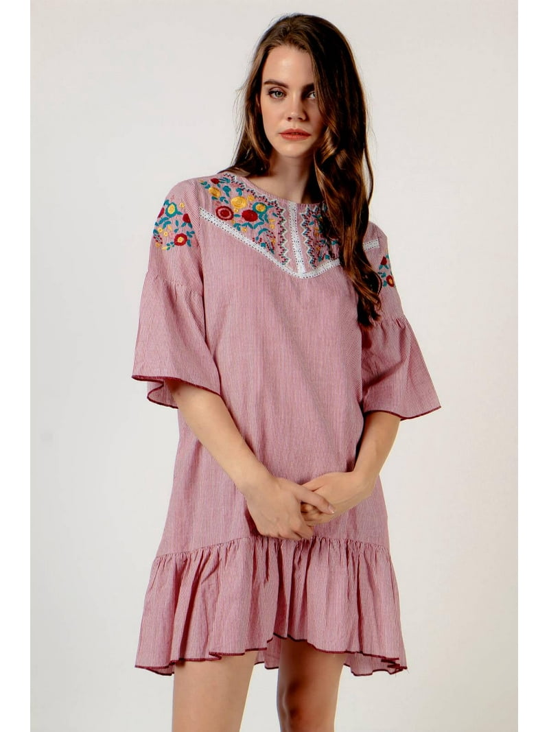 Zara Striped Embroidered Dress Zara M L Blue Striped Embroidered