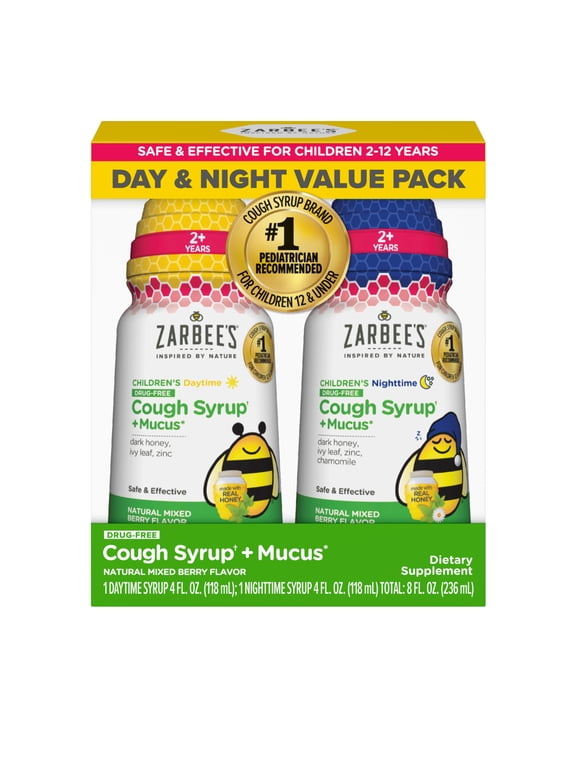Kids Zarbees Cough + Cold Mucus Day and Night Value Pack, Honey, Ivy Leaf, 2x 4 fl. oz.