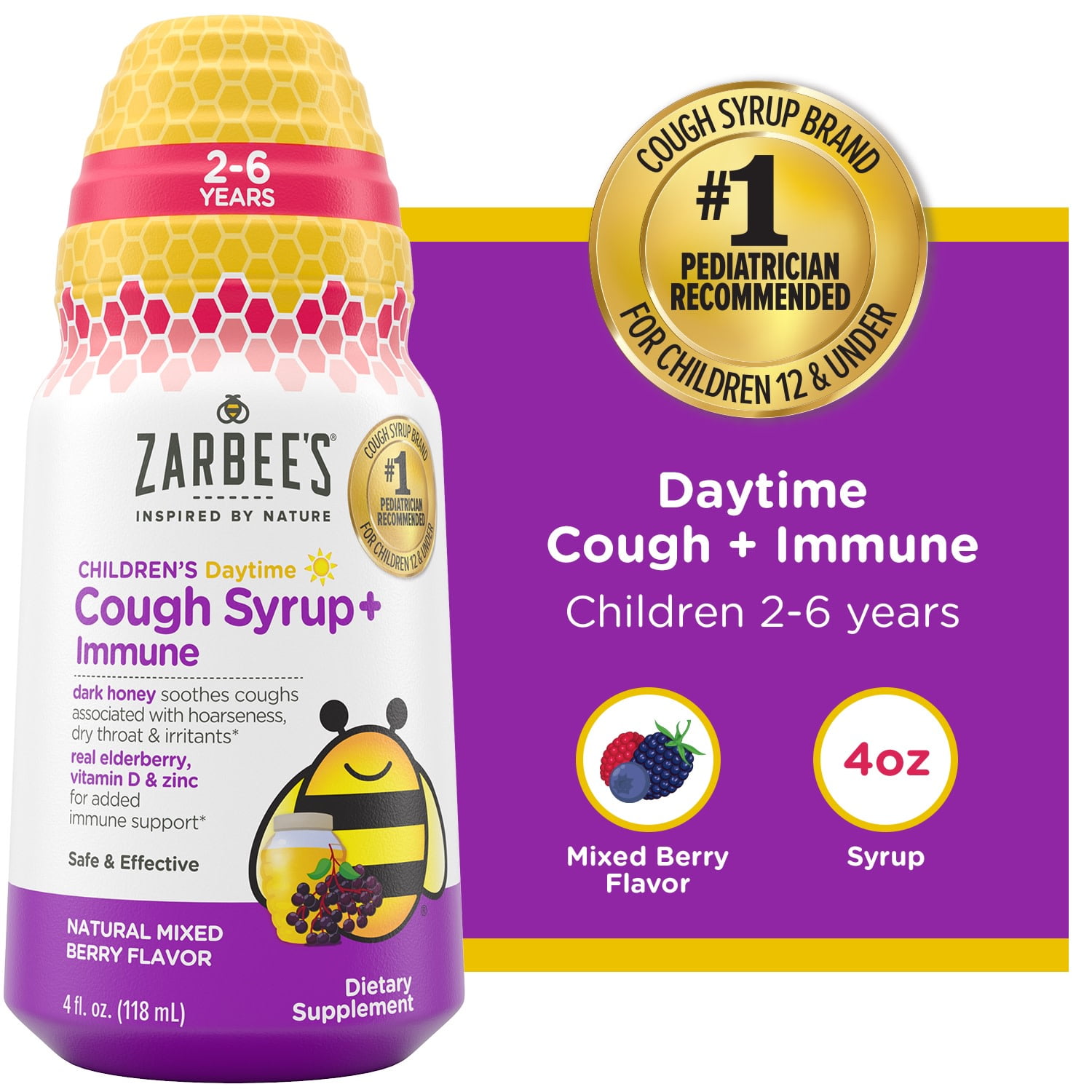 Zarbee's Children's Day Honey Cough Syrup + Immune, Berry, 4 fl. oz