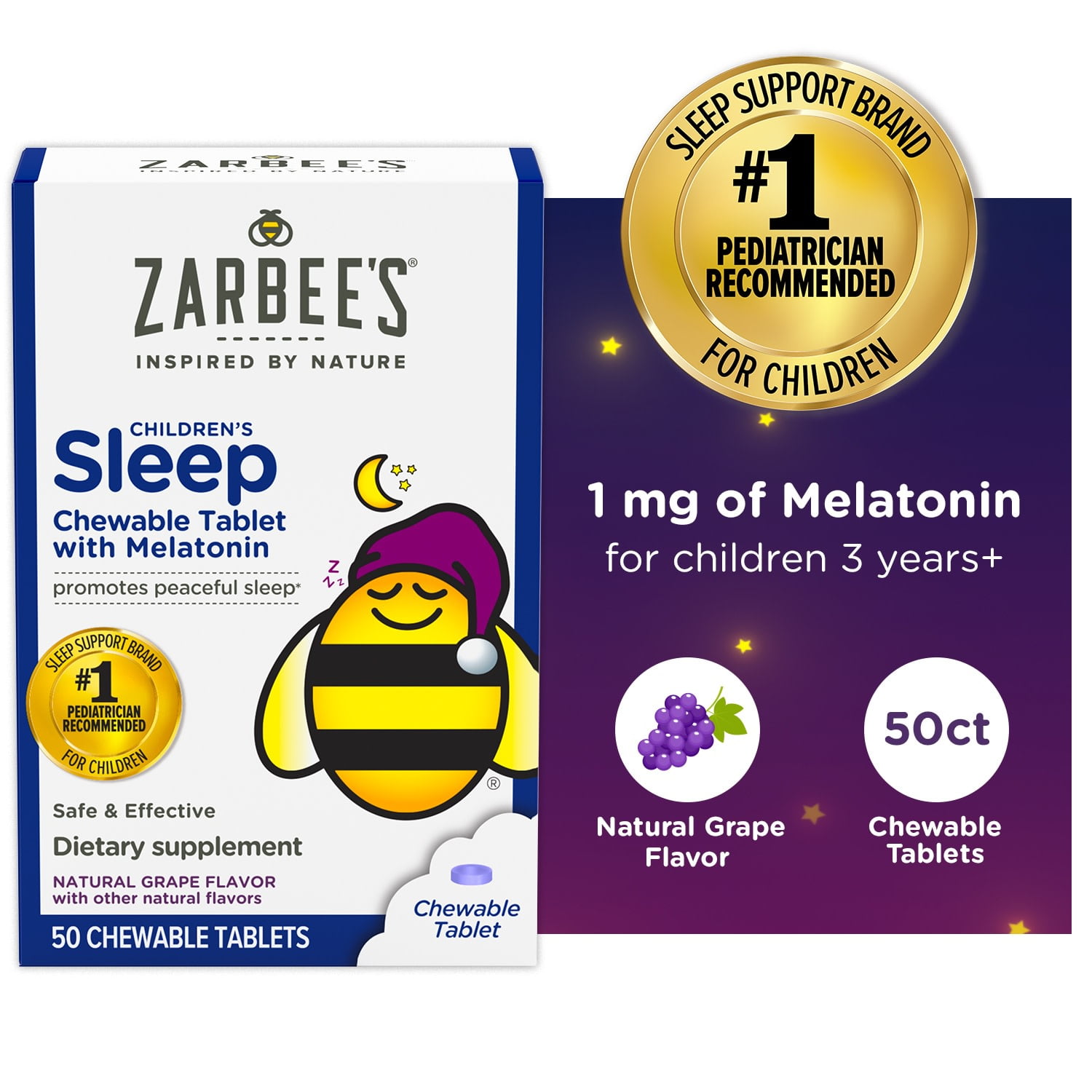 Zarbee's Kids Melatonin Chewable Tablet, 1mg Melatonin, Natural Grape, 50ct