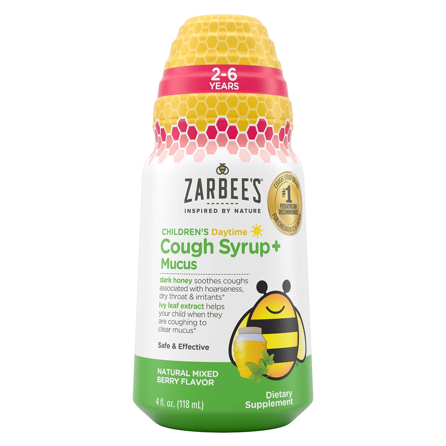 Zarbee’s Kids Cough + Mucus Daytime with Honey, Ivy Leaf, Zinc & Elderberry, Mixed Berry, 4FL Oz