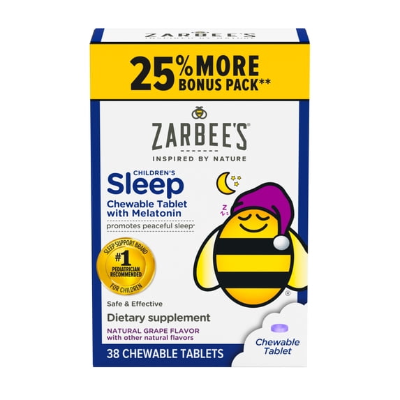 Zarbee’s Kids Sleep 1mg Melatonin Chewables, Drug-Free, Natural Grape, 38ct