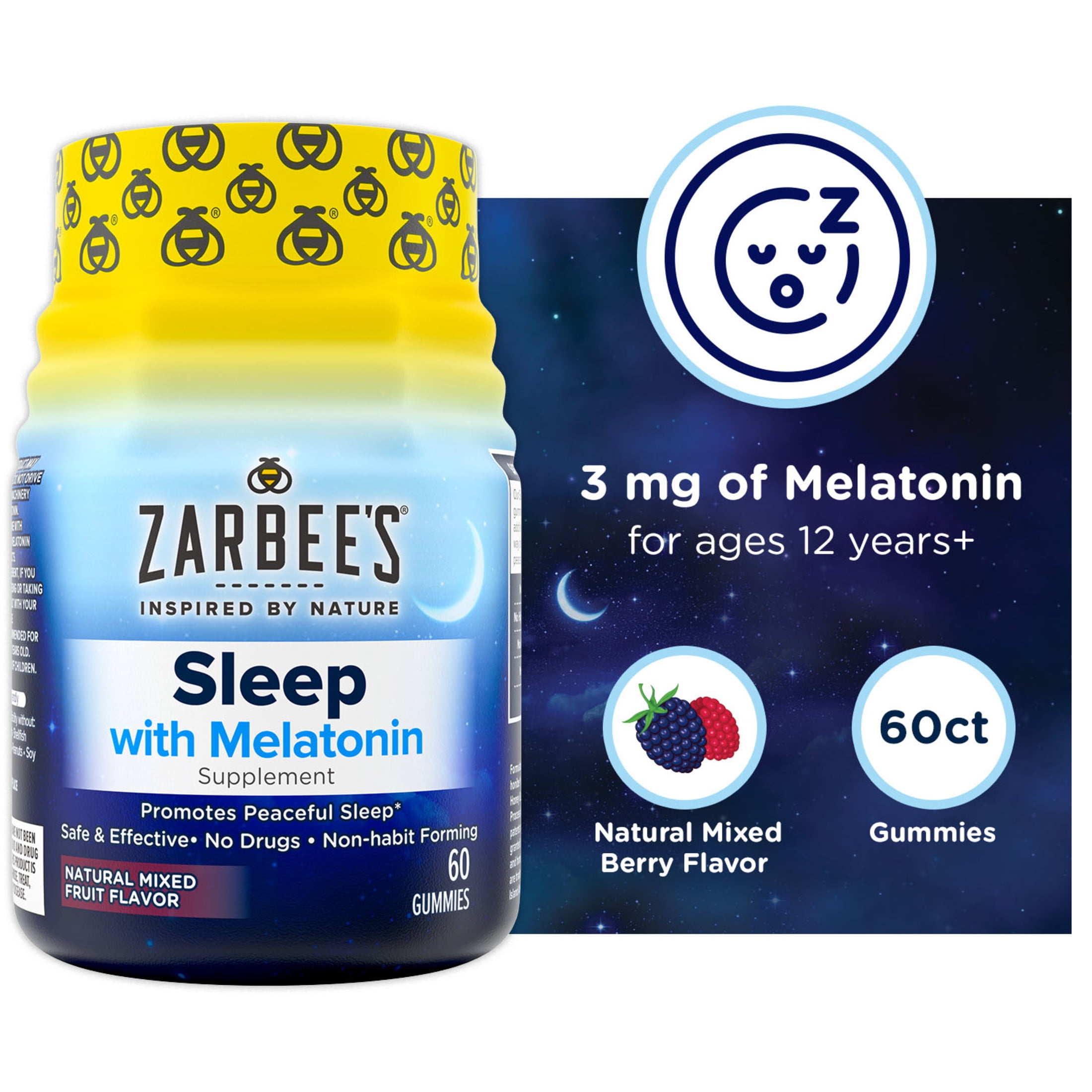 Zarbee's Melatonin Gummies 3mg Sleep Supplement to Promote Peaceful Sleep, Natural Mixed Fruit