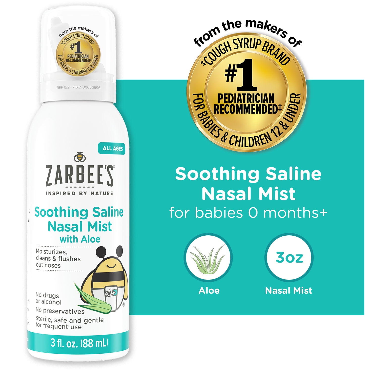 Zarbee's Soothing Saline Nasal Mist with Aloe, Gentle Moisturizing Spray for All Ages, 3 fl oz