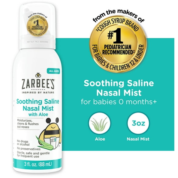 Zarbee's Soothing Saline Nasal Mist with Aloe, Gentle Moisturizing Spray for All Ages, 3 fl oz