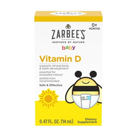 Zarbee's Vitamin D Drops for Infants, 400IU (10mcg) Baby & Toddler Liquid Supplement, Newborn & Up,Dropper Syringe Included, 0.47 Fl oz