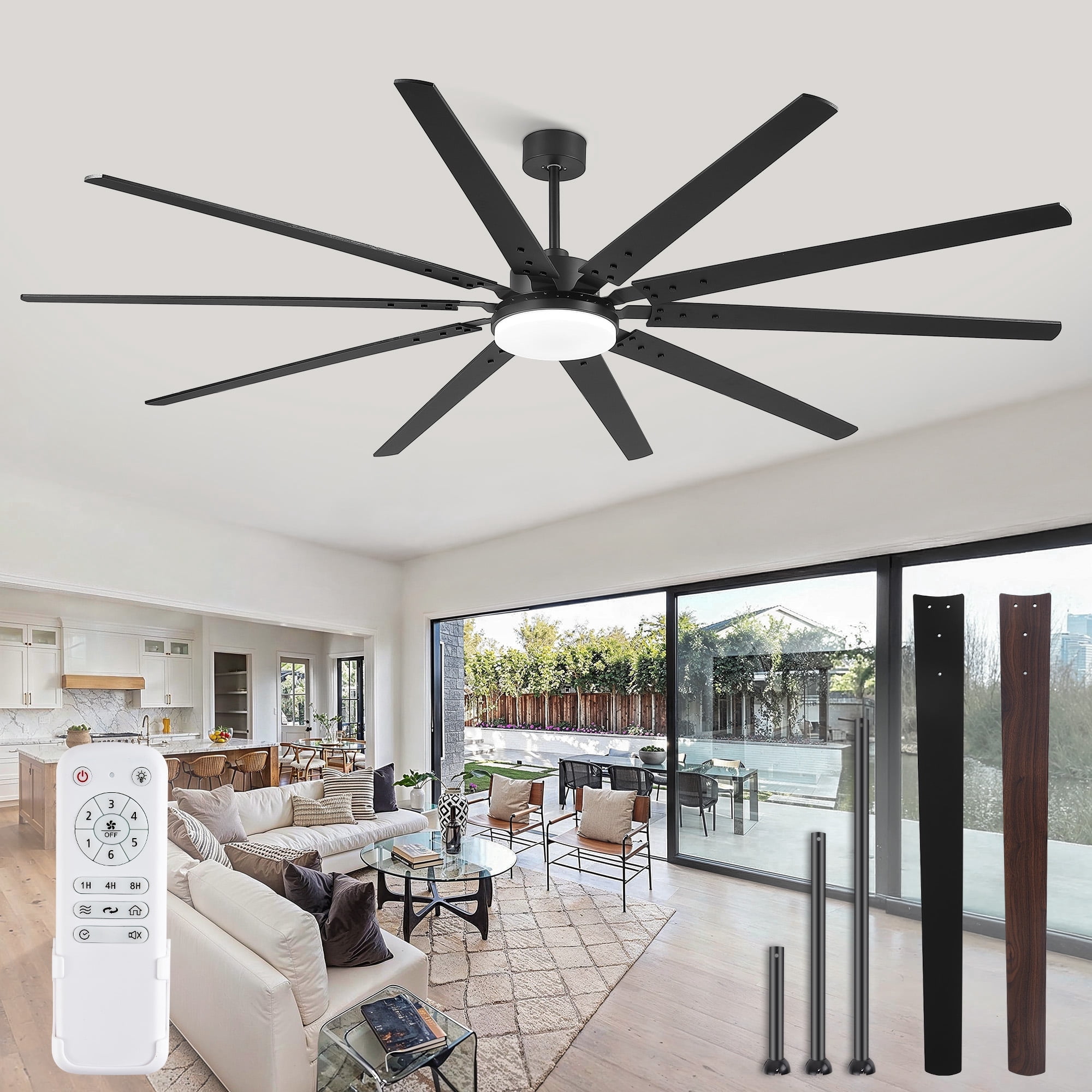 Zardon 100" Industrial Modern Ceiling Fan with LED Light and Remote, 10 Black Blades, Quiet Reversible DC Motor with 6-Speed for Large Room, Indoor
