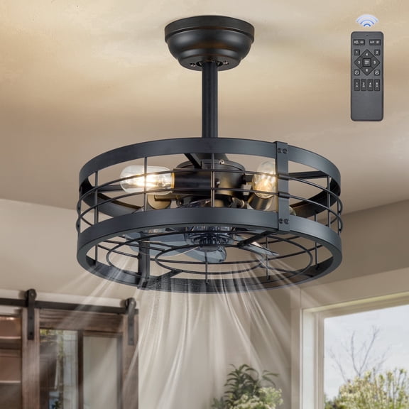 Zardon 16.5 inch Caged Ceiling Fan with Light and Remote Control, Black Farmhouse Ceiling Fans for Kitchen, Bedroom, Indoor, 6 Speed, Quiet, Timing