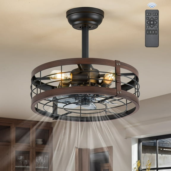 Zardon 16.5 inch Caged Ceiling Fan with Light and Remote Control, Walnut Farmhouse Ceiling Fans for Kitchen, Bedroom, Indoor, 6 Speed, Quiet, Timing