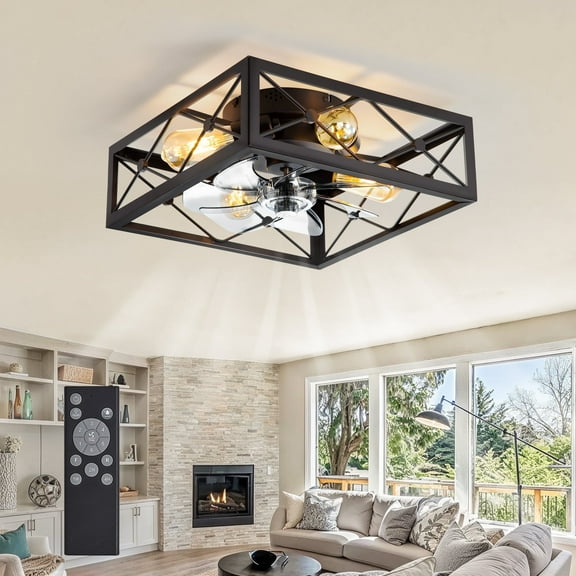 Zardon Low Profile Ceiling Fan with Light and Remote, 16" Flush Mount Black Wood Grain, 6-Speed Quiet DC Motor, 1021 CFM, for Indoor Use, ETL Certified