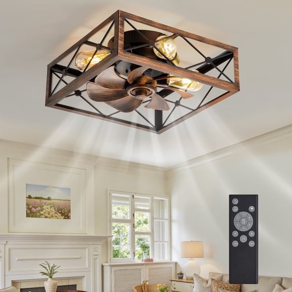 Zardon Low Profile Ceiling Fan with Light and Remote, 16" Flush Mount Black and Gold Wood Grain, 6-Speed Quiet DC Motor, 1021 CFM, for Indoor Use, ETL Certified