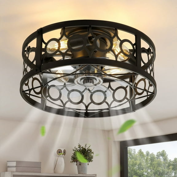 Zardon Ceiling Fans, 16" Caged Low Profile Ceiling Fans with Light and Remote, Reversible 6 Speeds, for Bedroom, Kitchen, Black
