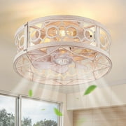 Zardon Ceiling Fans, 16" Caged Ceiling Fans with Light and Remote, Reversible 6 Speeds, for Bedroom, Kitchen,White