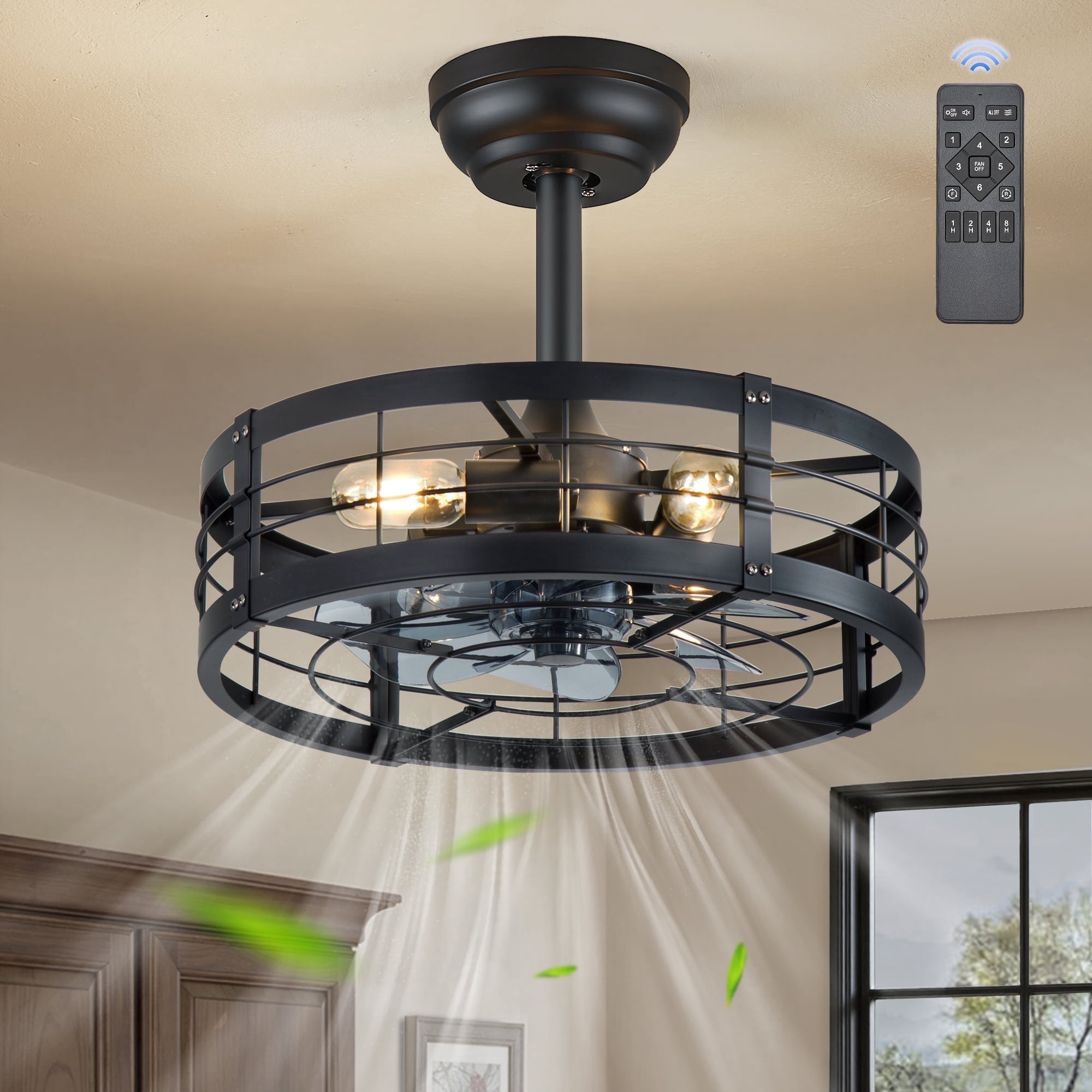 Zardon 18" Black Antique Caged Indoor Ceiling Fan with Pure Copper Motor, Dimmable LED Lights, Remote Control, 6 Speeds