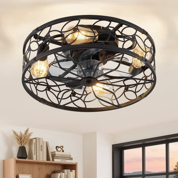 Zardon 18" Black Caged Ceiling Fan with Light and Remote Control, Bladeless Ceiling Fan Flush Mount Low Profile DC Motor for Bedroom, Kitchen, Dining Room