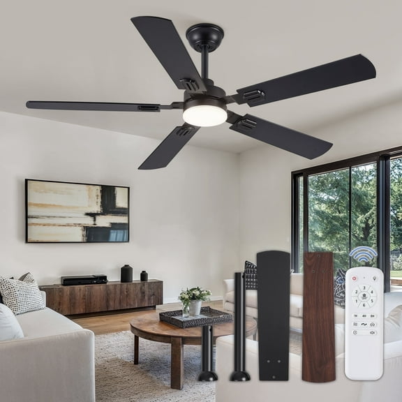 Zardon 52" Modern Black Ceiling Fan with Light and Remote Control, Ultra-Quiet DC Motor, Bright LED Light, 6-Speed, Timer for Bedroom, Living Room