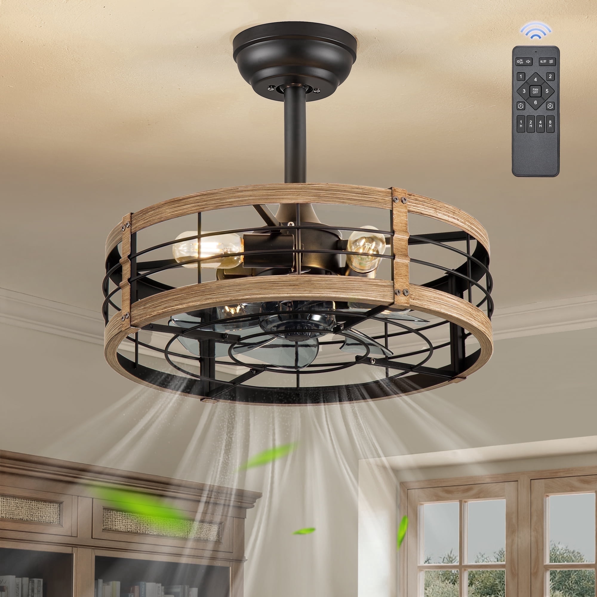 Zardon 18" Brown Antique Caged Indoor Ceiling Fan with Quiet DC Motor,  LED Lights, Remote Control, 6 Speeds